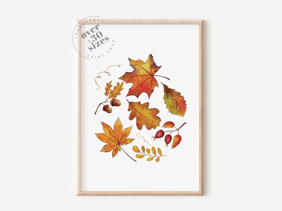 Scattered Autumn Leaves Watercolor Orange Fall Foliage Art Print