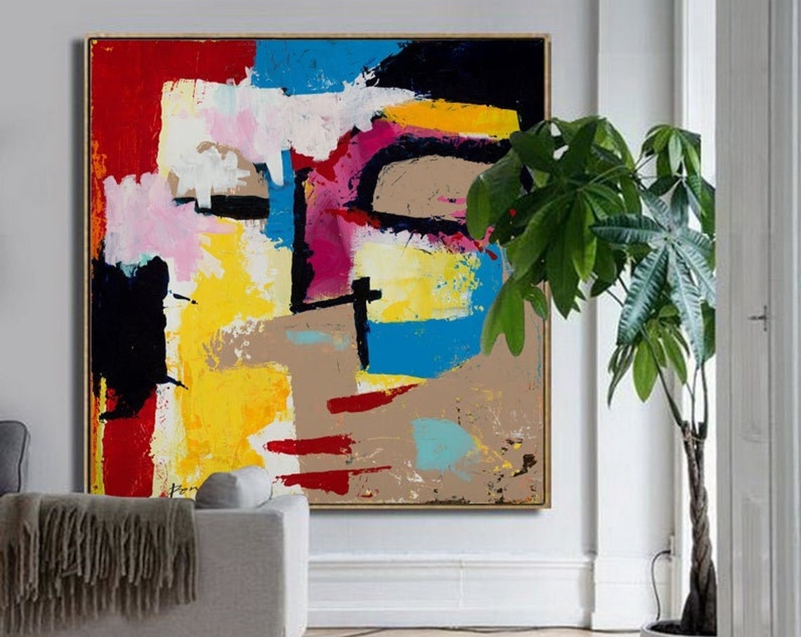 Blocky Abstract Face Red Blue Yellow Square Modern Art Poster - Image 2