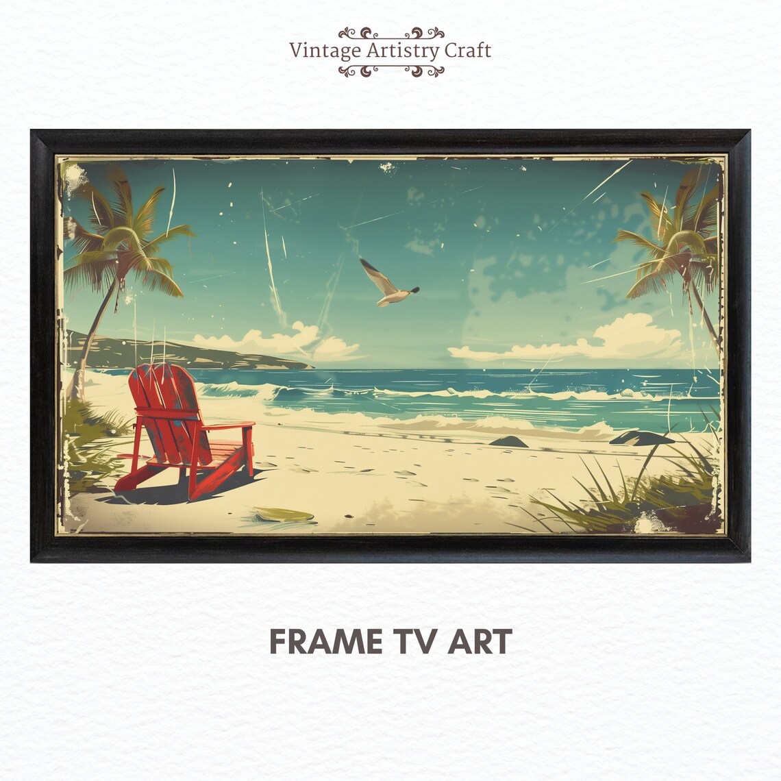Vintage Red Beach Chair Palm Trees Retro Seaside Travel Poster