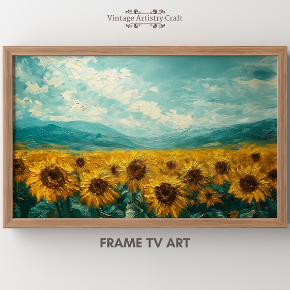 Golden Sunflower Field Teal Mountains Impasto Oil Painting Poster
