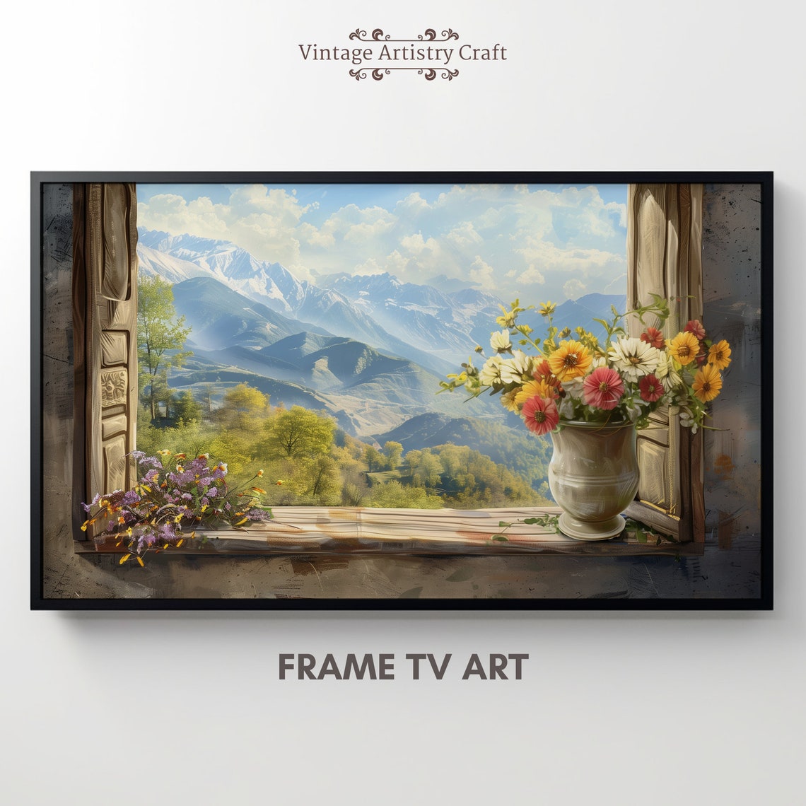 Mountain View Through Open Window Vase of Flowers Rustic Poster