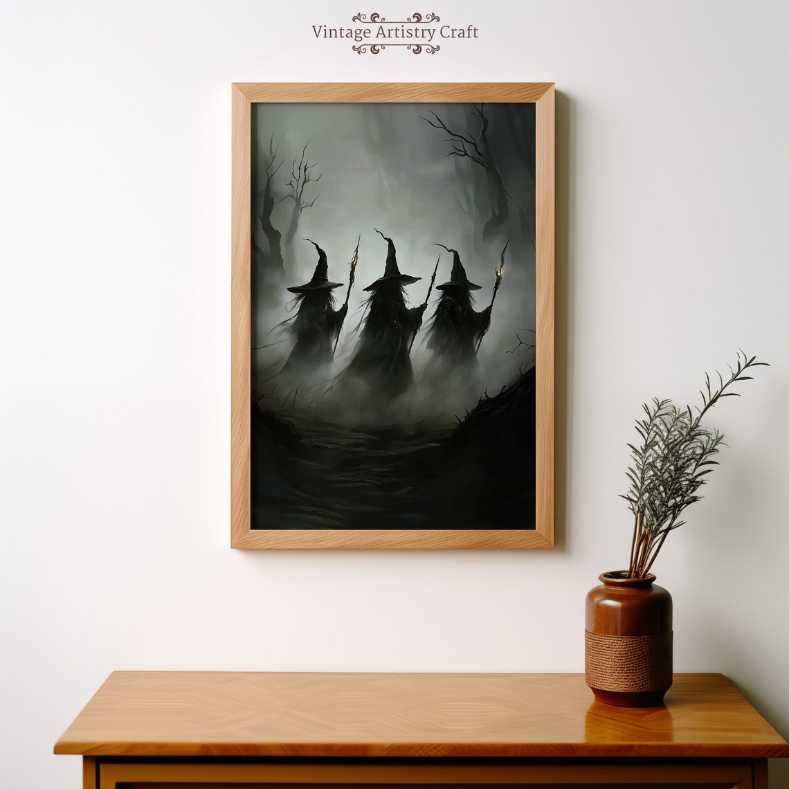 Three Witches From Behind Dark Foggy Woods Torches Eerie Poster - Image 3