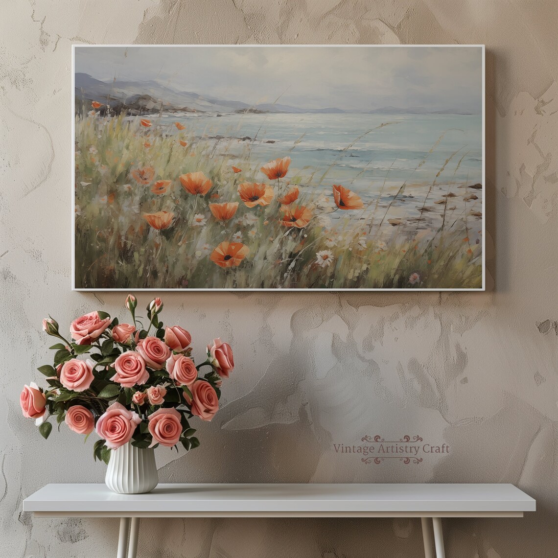Soft Orange Poppies By The Sea Coastal Wildflower Meadow Poster - Image 6