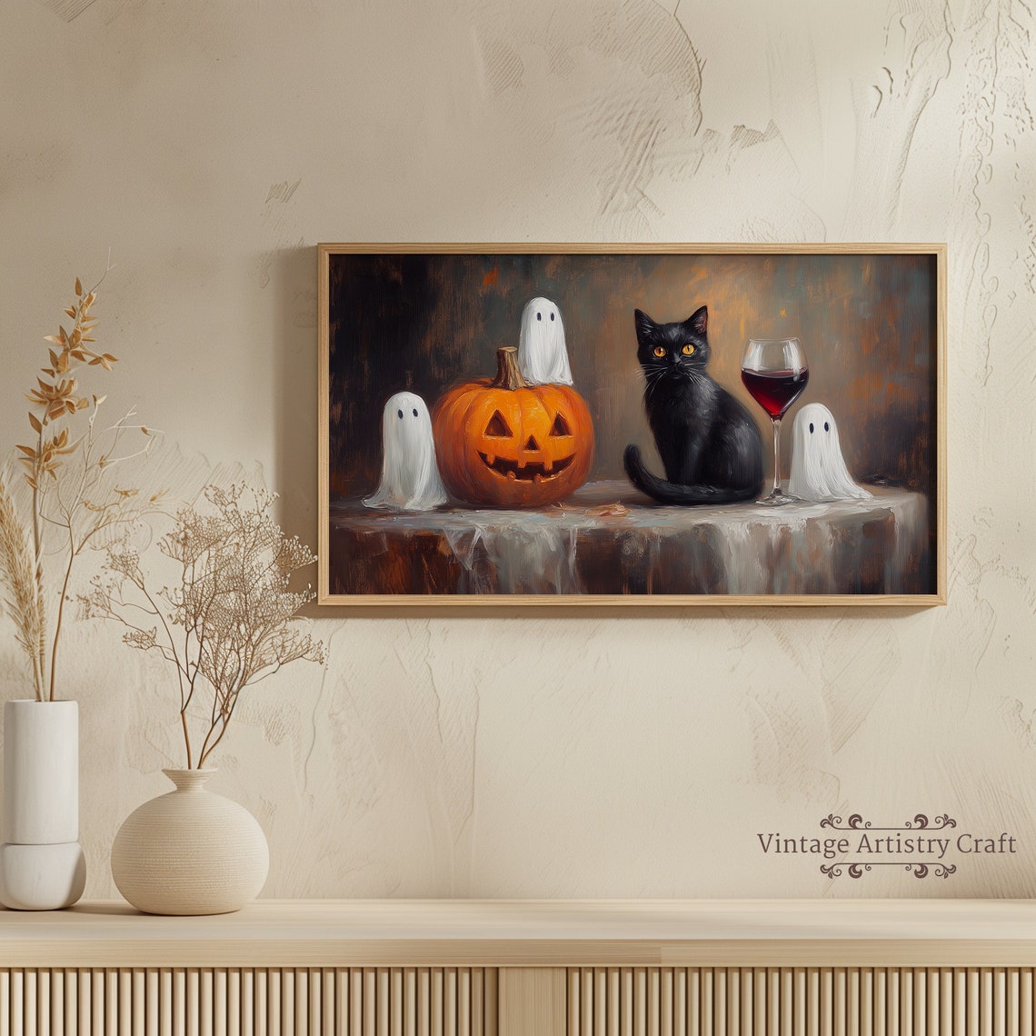 Cute Ghosts Jack O Lantern Black Cat Wine Halloween Painting Poster - Image 4