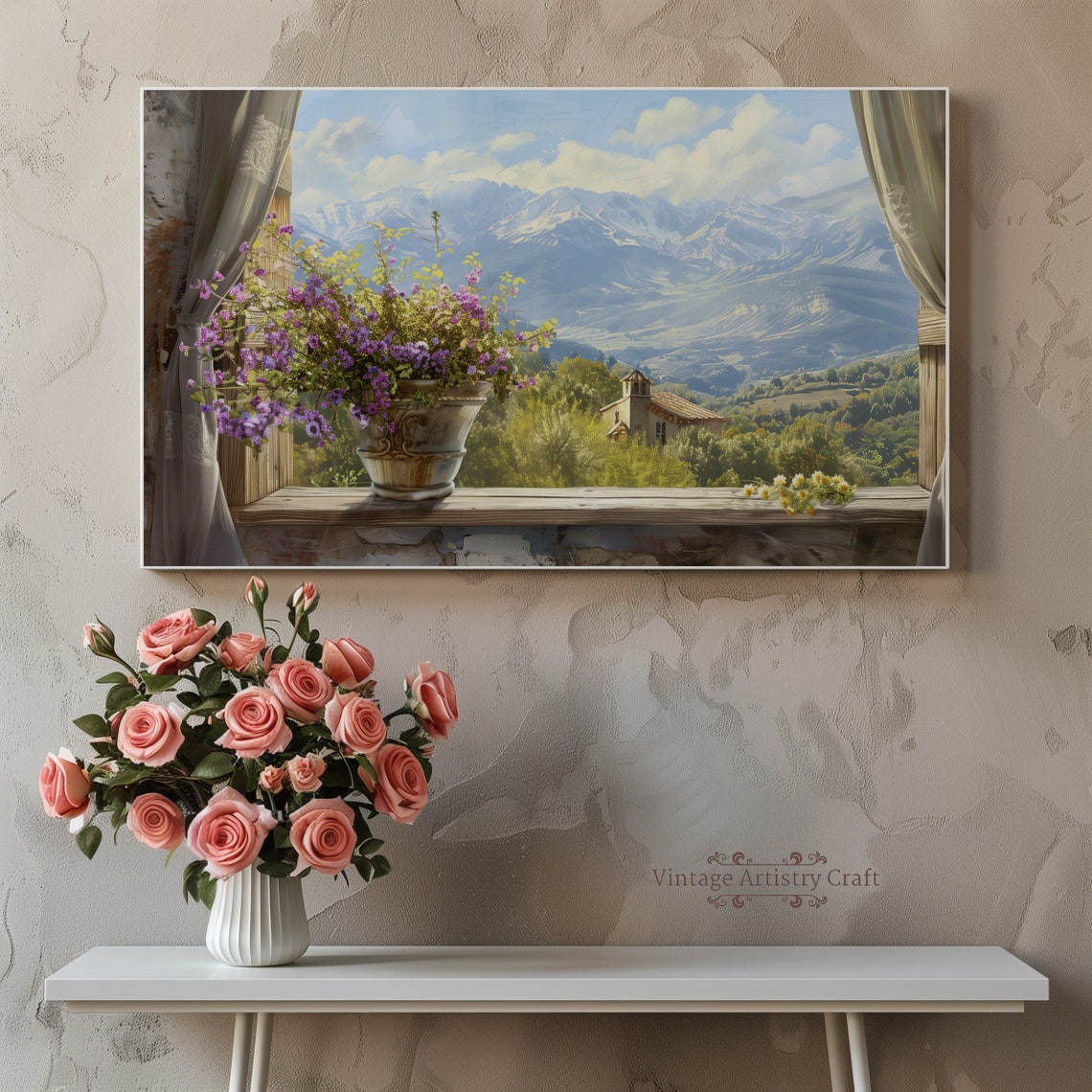 Window View Snowy Mountains Purple Flowers Rustic Sill Art Poster - Image 6