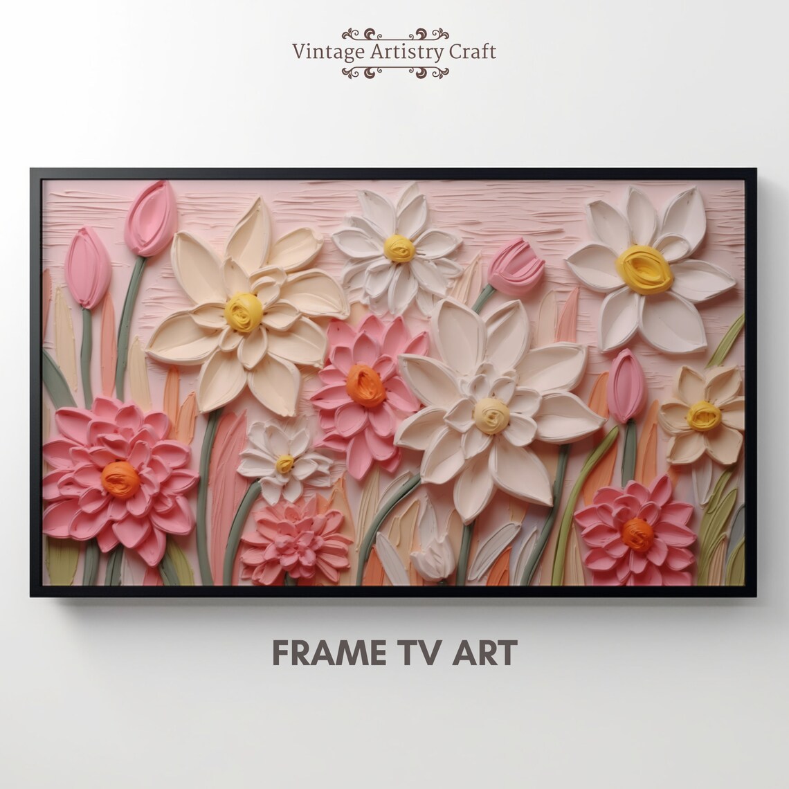 Pink Spring Bloom Impasto Textured Floral Oil Painting Poster - Image 3