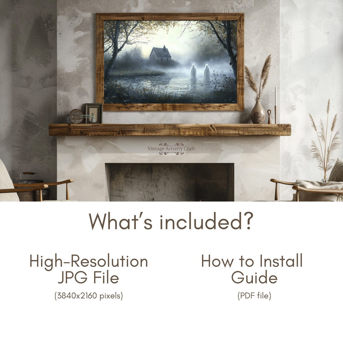 Misty Pond Cottage With Two Ghosts Eerie Water Landscape Poster - Image 7