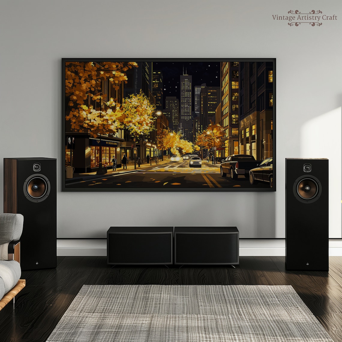 City Night Street Golden Autumn Trees Lit Skyscraper Painting Poster - Image 5