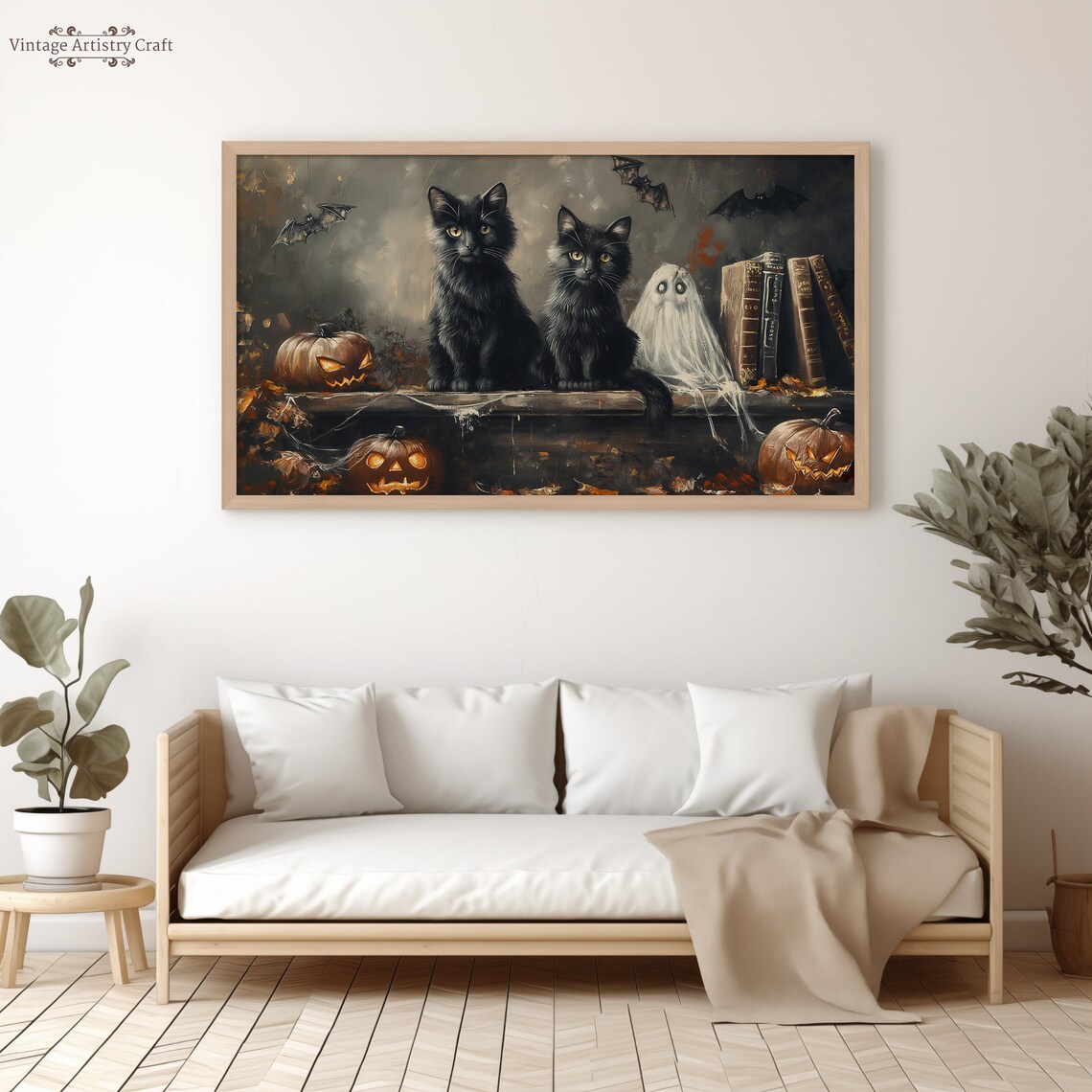 Cute Black Cats Halloween Retro Ghost Art Print - Image 3