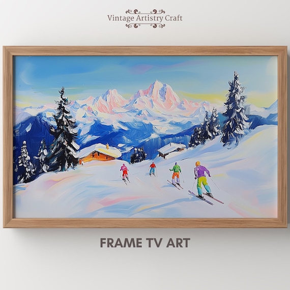 Skiers Alpine Slope Snowy Mountain Winter Sports Painting Poster