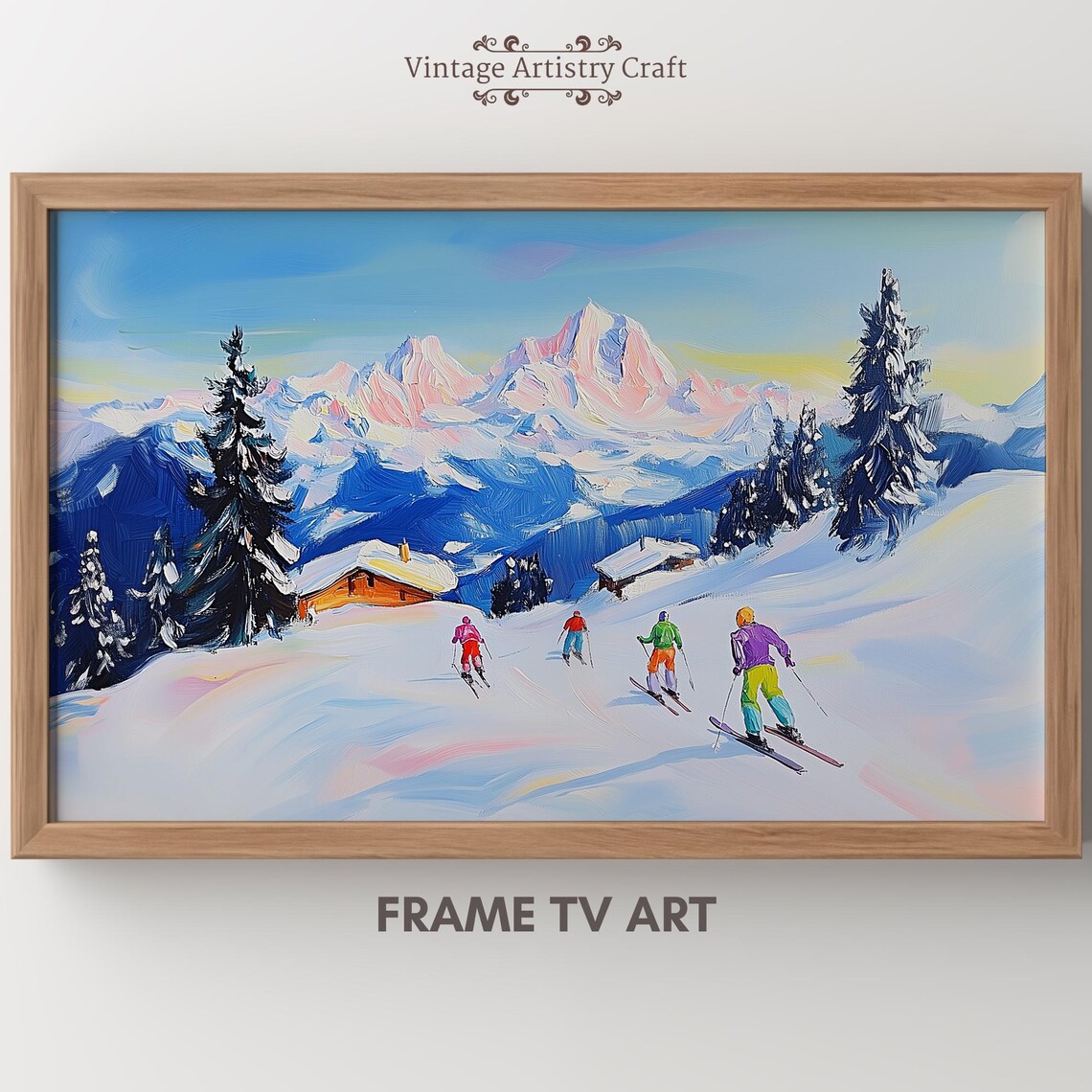 Skiers Alpine Slope Snowy Mountain Winter Sports Painting Poster