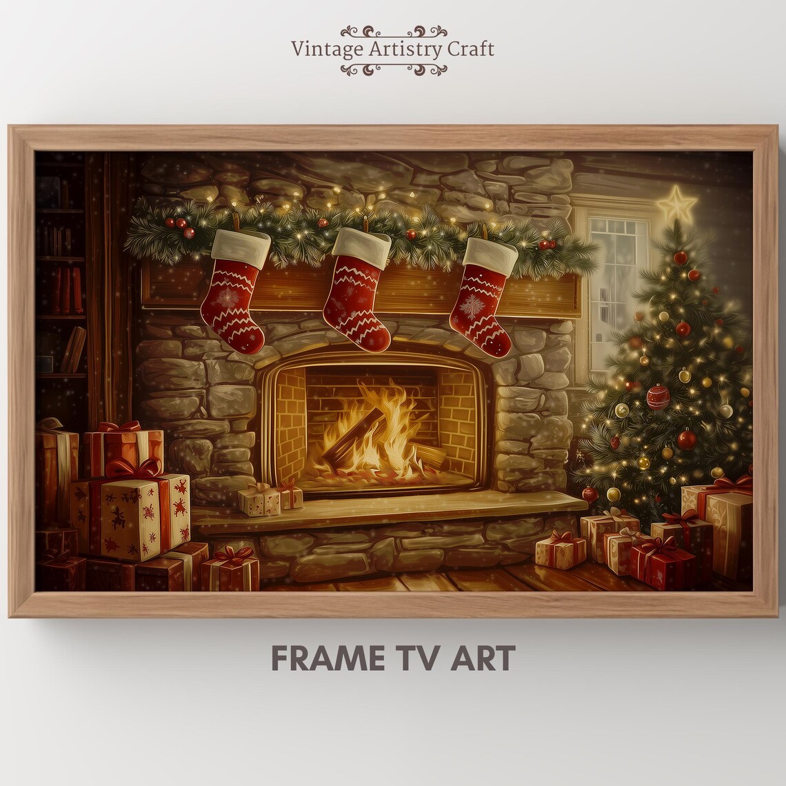 Cozy Christmas Fireplace Stockings Gifts Tree Warm Glow Poster