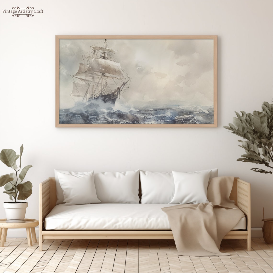 Tall Ship Stormy Sea Muted Nautical Watercolor Coastal Poster - Image 2