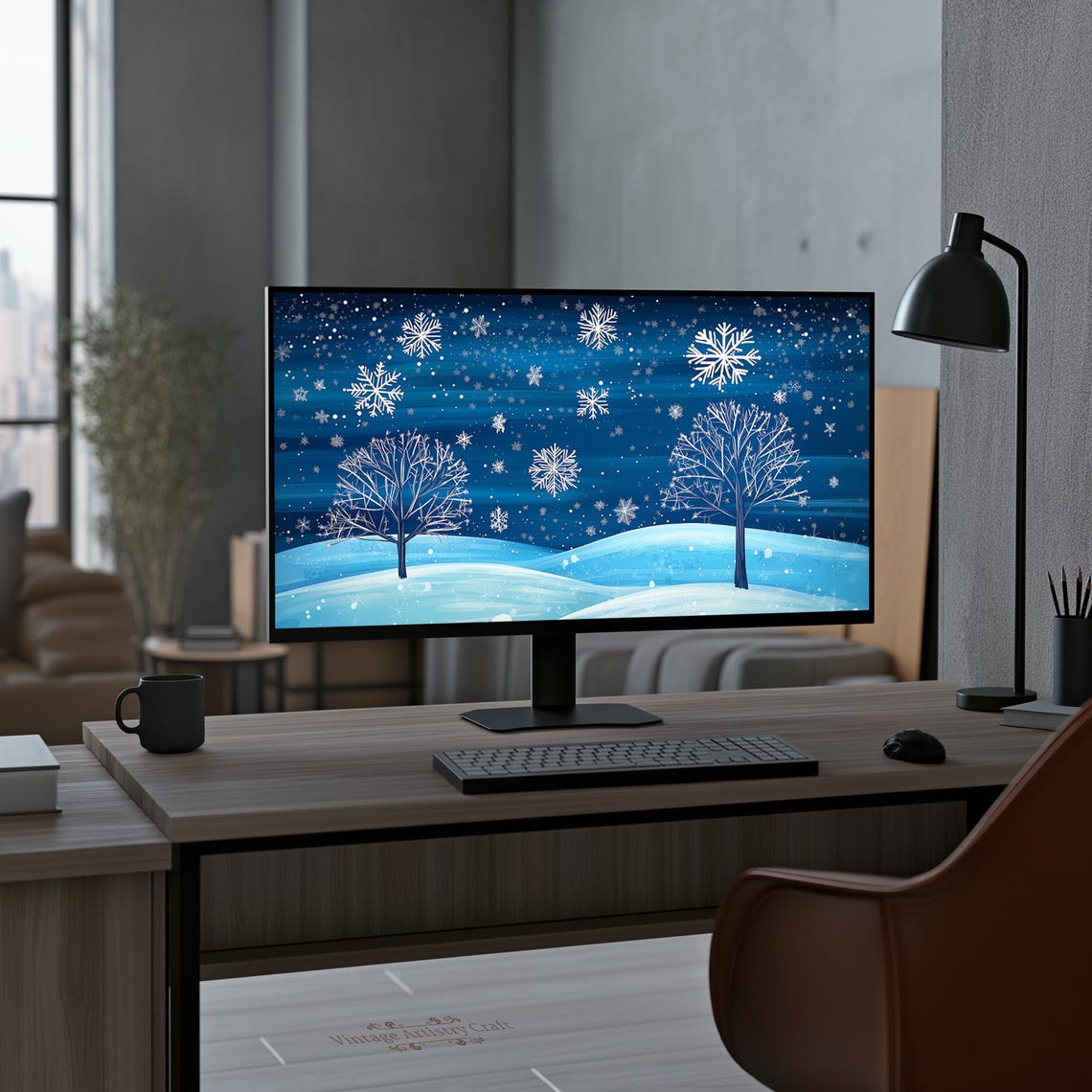 Snowy Winter Night Blue Snowflakes Starry Trees Desktop Art Poster - Image 5