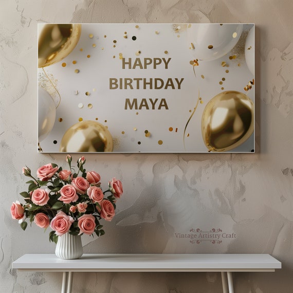 Personalized Frame Tv Art Happy Birthday Tv Frame Gold Birthday Balloons Tv Frame Custom Art Birthday Party Tv