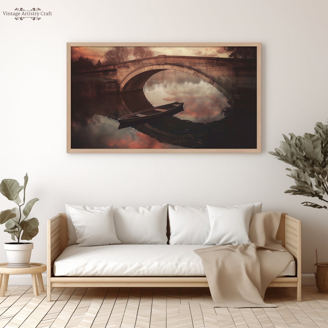 Old Stone Bridge and Rowboat Sunset Reflection Moody River Poster - Image 5