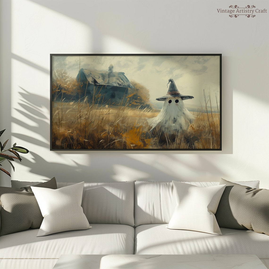Cute Little Ghost Wearing Witch Hat Golden Fall Field Halloween Poster - Image 6