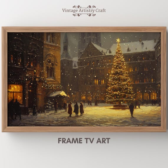 Winter Frame Tv Art Christmas Tree Warm Street Town Moody Farmhouse Tv Decor Vintage Oil Painting 4k