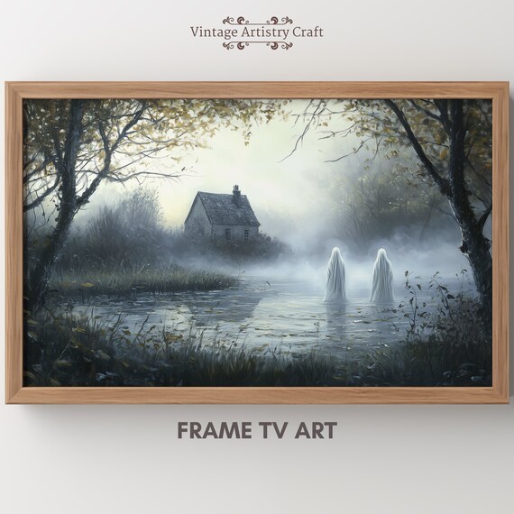 Misty Pond Cottage With Two Ghosts Eerie Water Landscape Poster