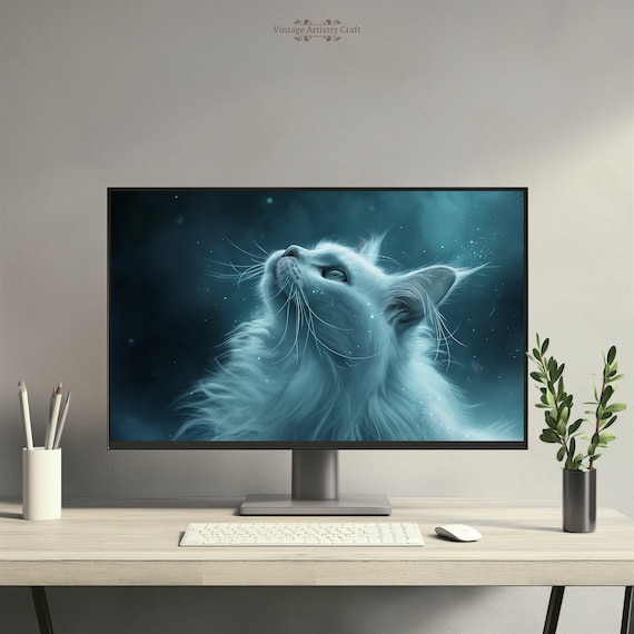 White Cosmic Cat In Starry Nebula Fantasy Desktop Art Poster