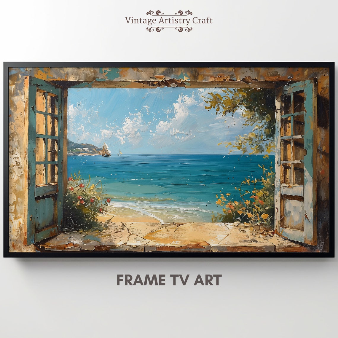 Open Doors to the Sea Vintage Coastal Window Seascape Oil Poster