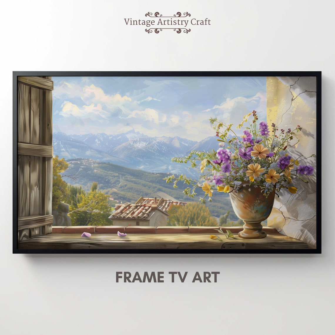 Rustic Window Sill Vase of Wildflowers Mountain Valley View Poster