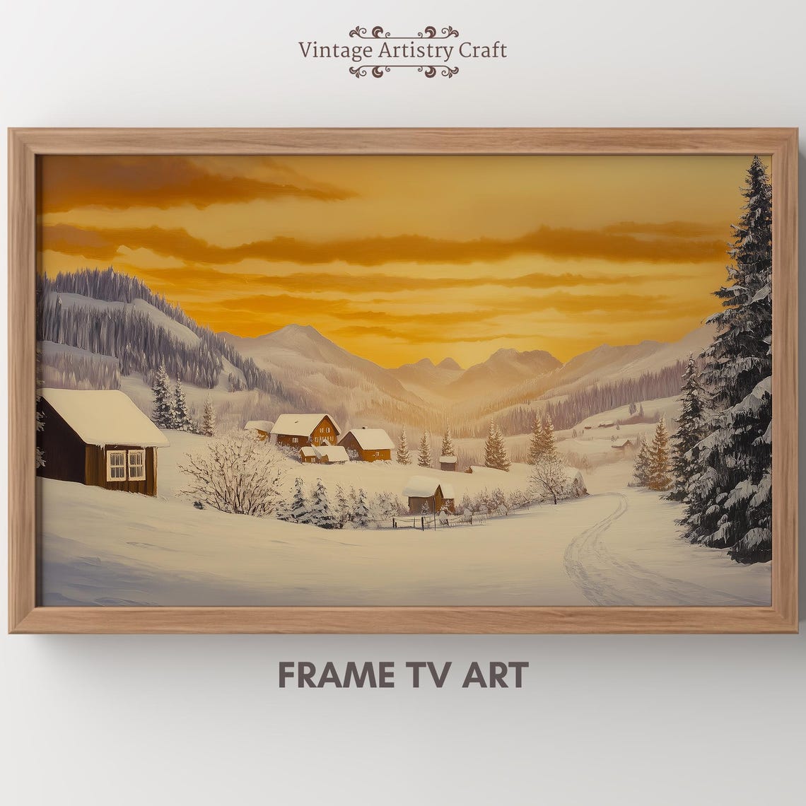 Snowy Mountain Village Sunrise Golden Winter Landscape Poster
