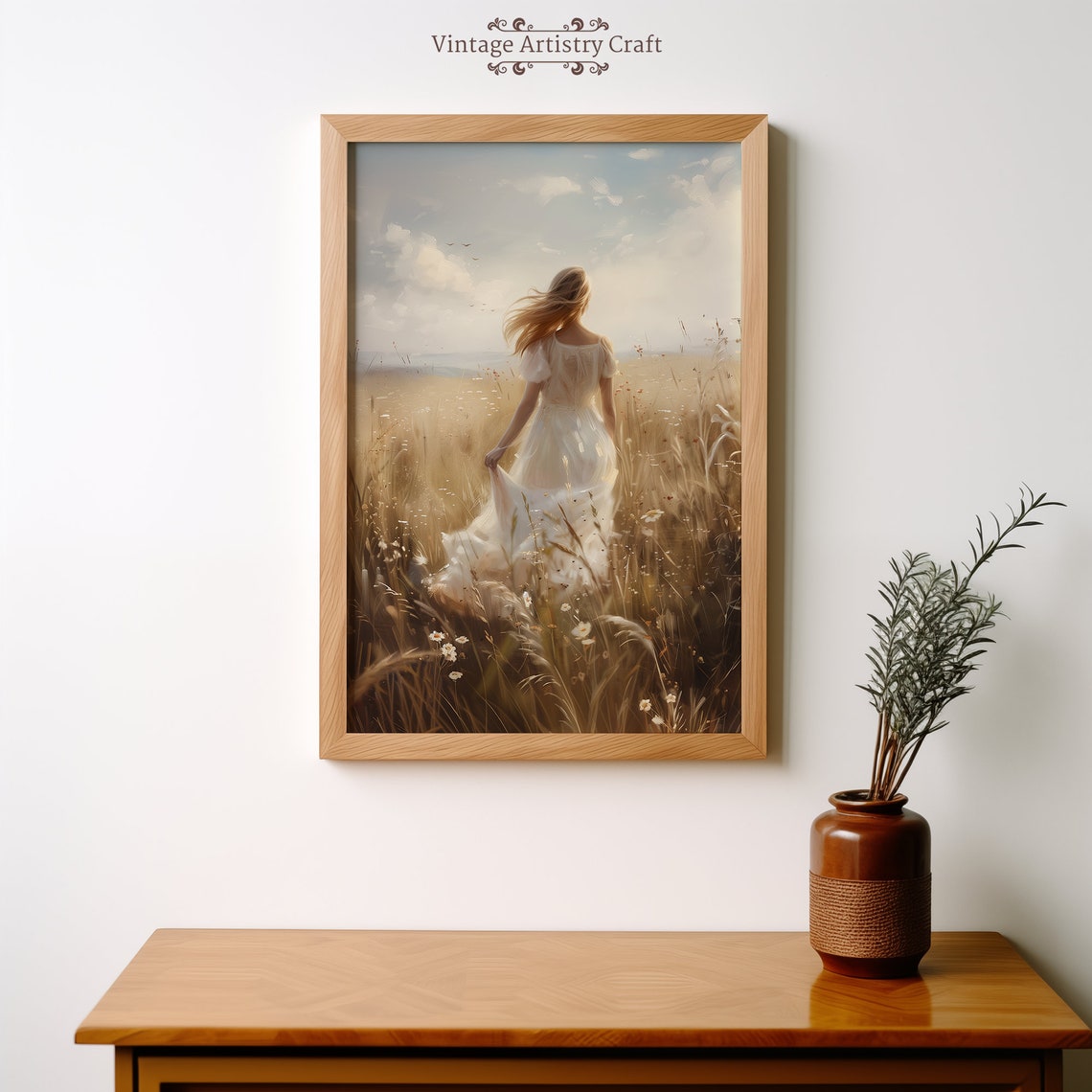 White Dress Woman In Wildflower Field Painting Cottage Core Farmhouse Art Oil Painting Spring Home Decor 300 Dpi - Image 4