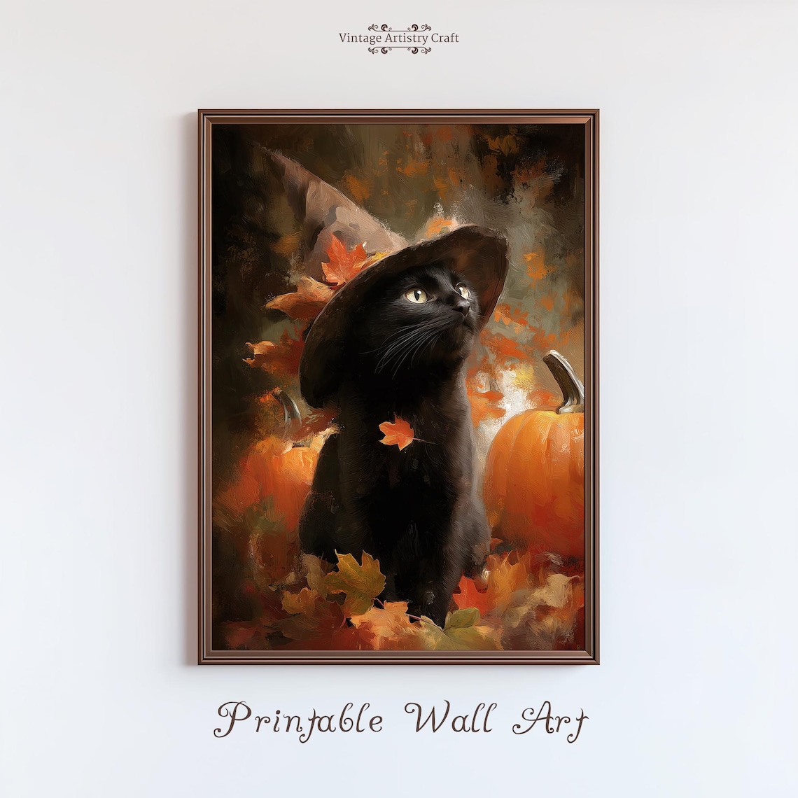 Black Cat Witch Hat Moody Oil Painting Pumpkin Autumn Poster