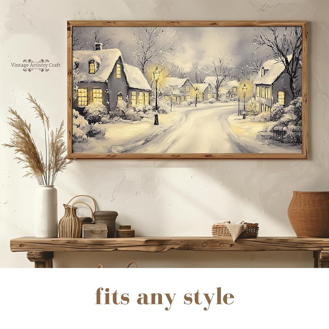 Snow Covered Village Street Glowing Lamps Night Winter Scene Poster - Image 8
