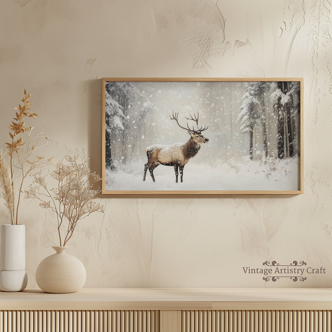 Majestic Elk In Falling Snow Silent Winter Forest Wildlife Poster - Image 3
