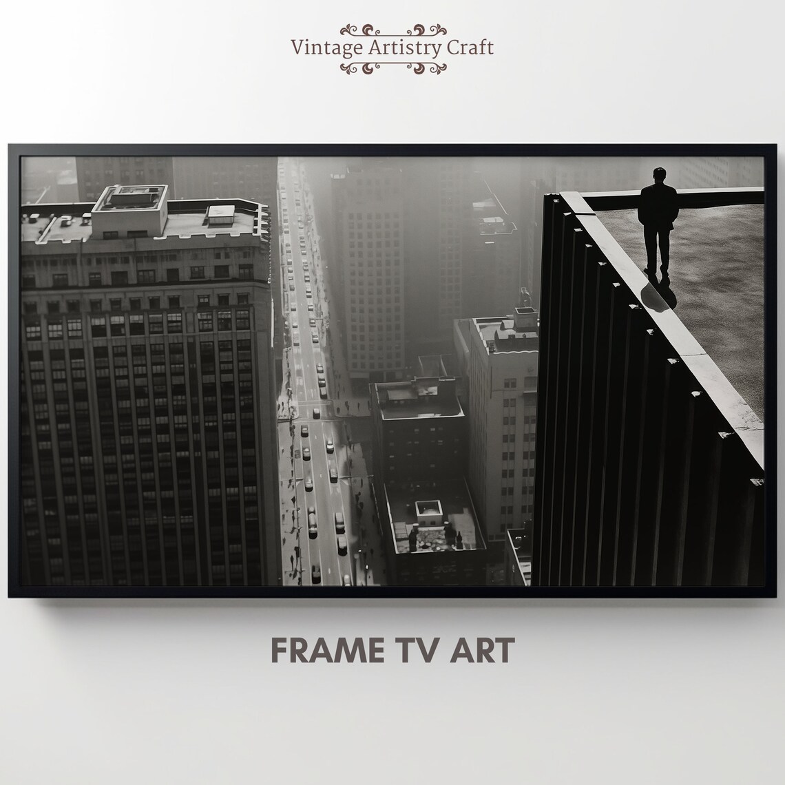Black and White City Skyline Man on Skyscraper Noir Photo Poster