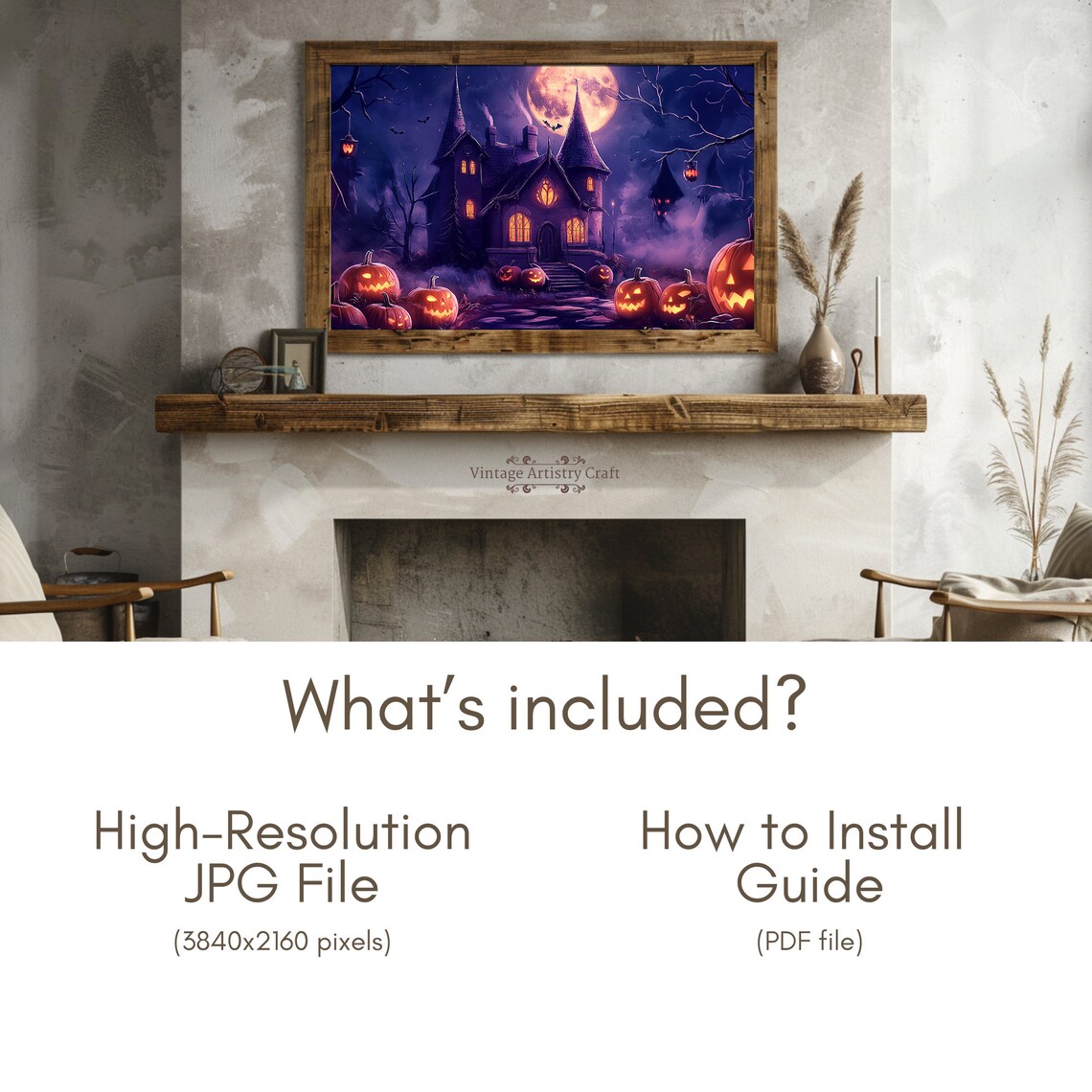 Haunted House Halloween Night Full Moon Pumpkins Spooky Painting Poster - Image 6