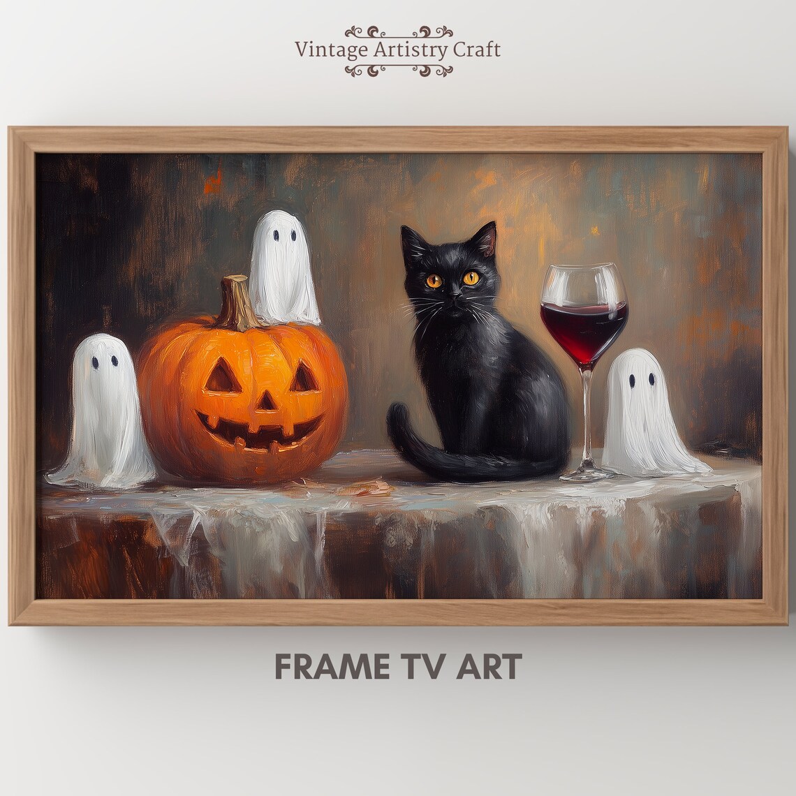 Cute Ghosts Jack O Lantern Black Cat Wine Halloween Painting Poster