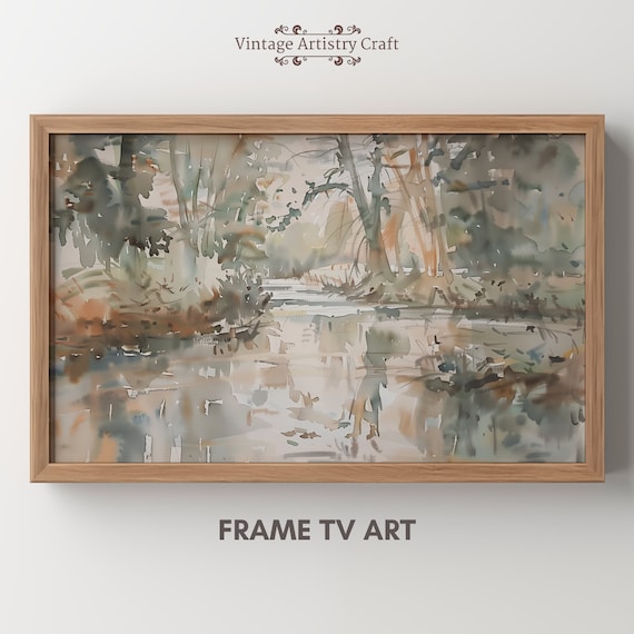 Country River Spring Frame Tv Art Vintage Summer Landscape Painting Abstract Watercolour Neutral Soft Easter Decor Instant