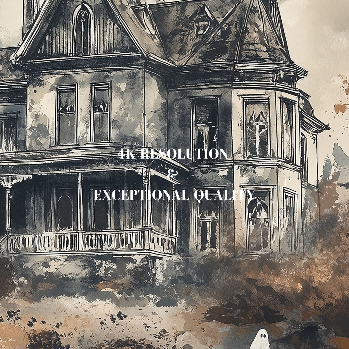 Watercolor Haunted House Ghosts Bats Spooky Manor Halloween Poster - Image 8