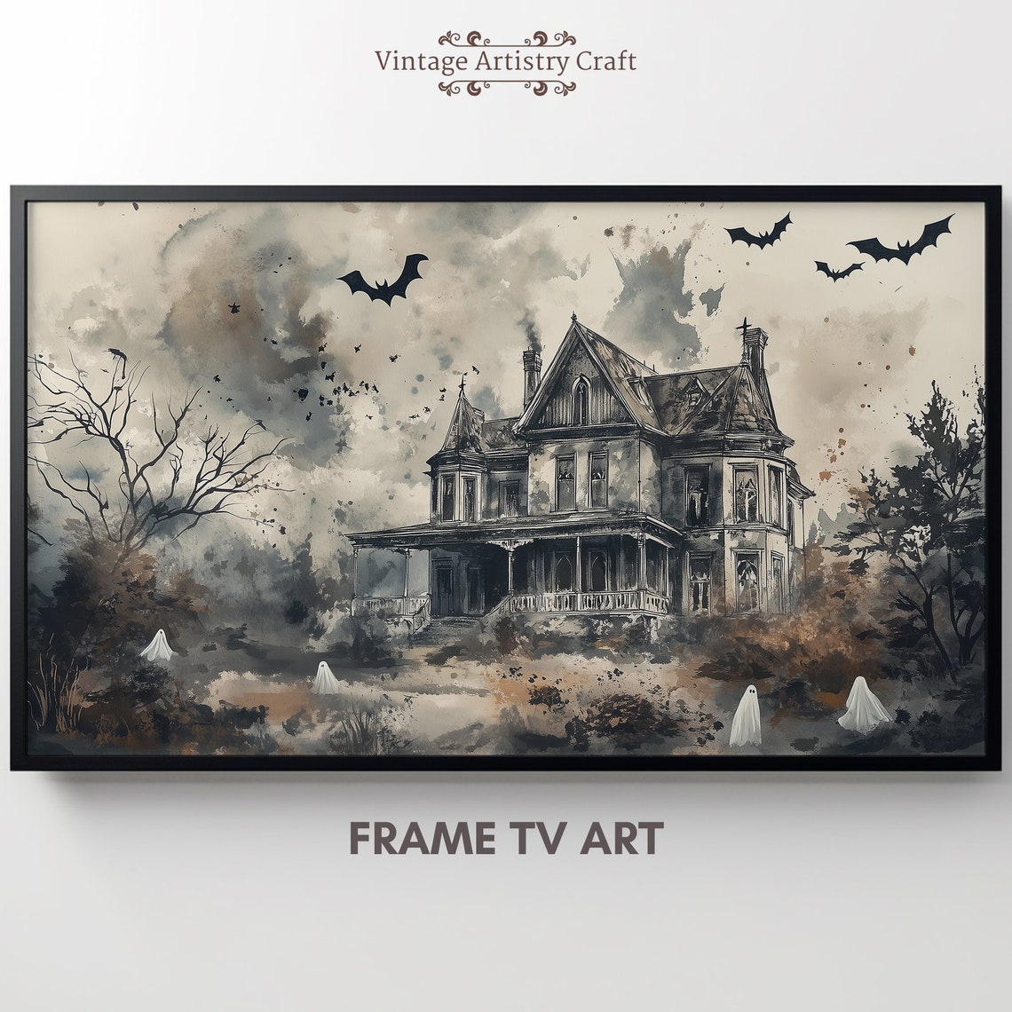 Watercolor Haunted House Ghosts Bats Spooky Manor Halloween Poster