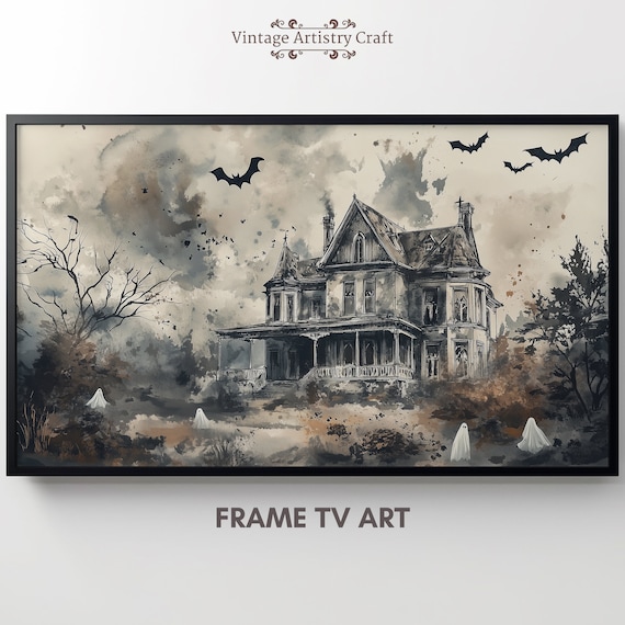Watercolor Haunted House Ghosts Bats Spooky Manor Halloween Poster
