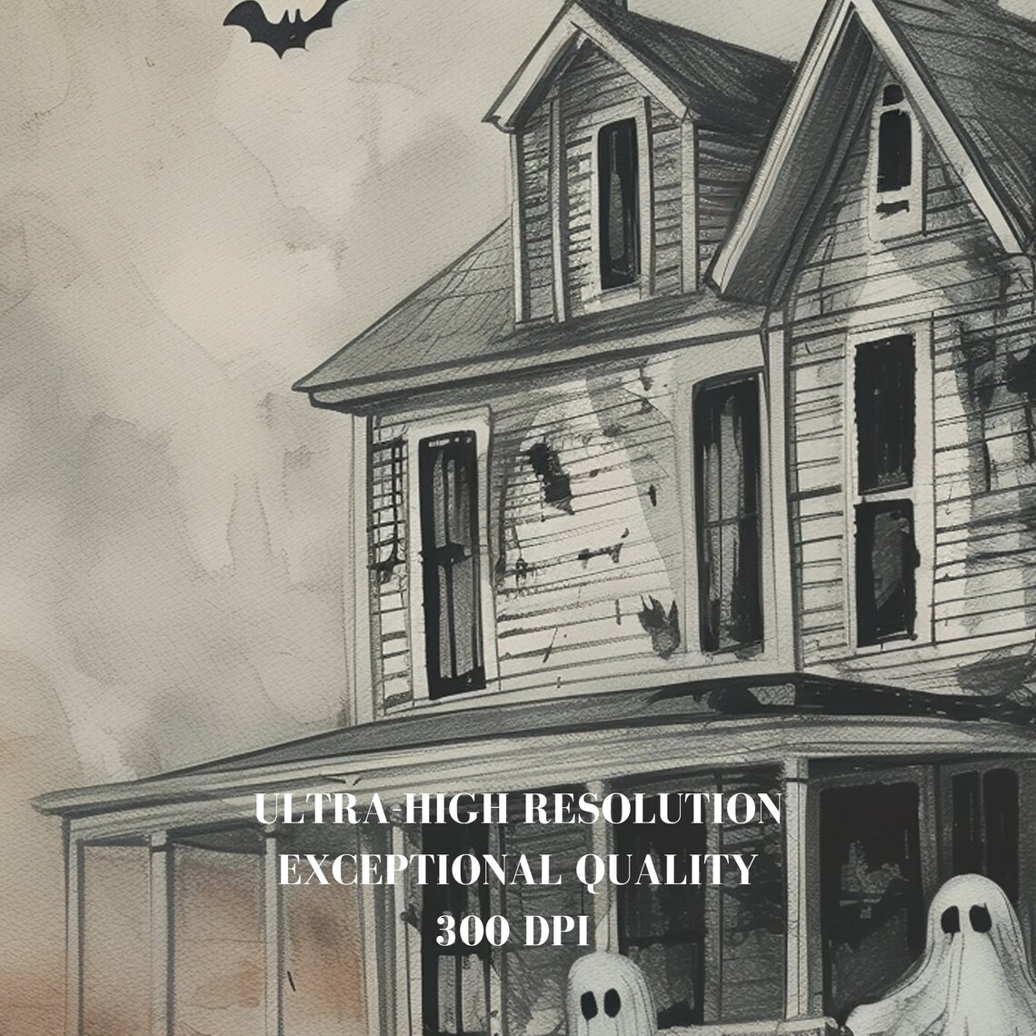Haunted House With Ghosts Bats Watercolor Halloween Art Poster - Image 8