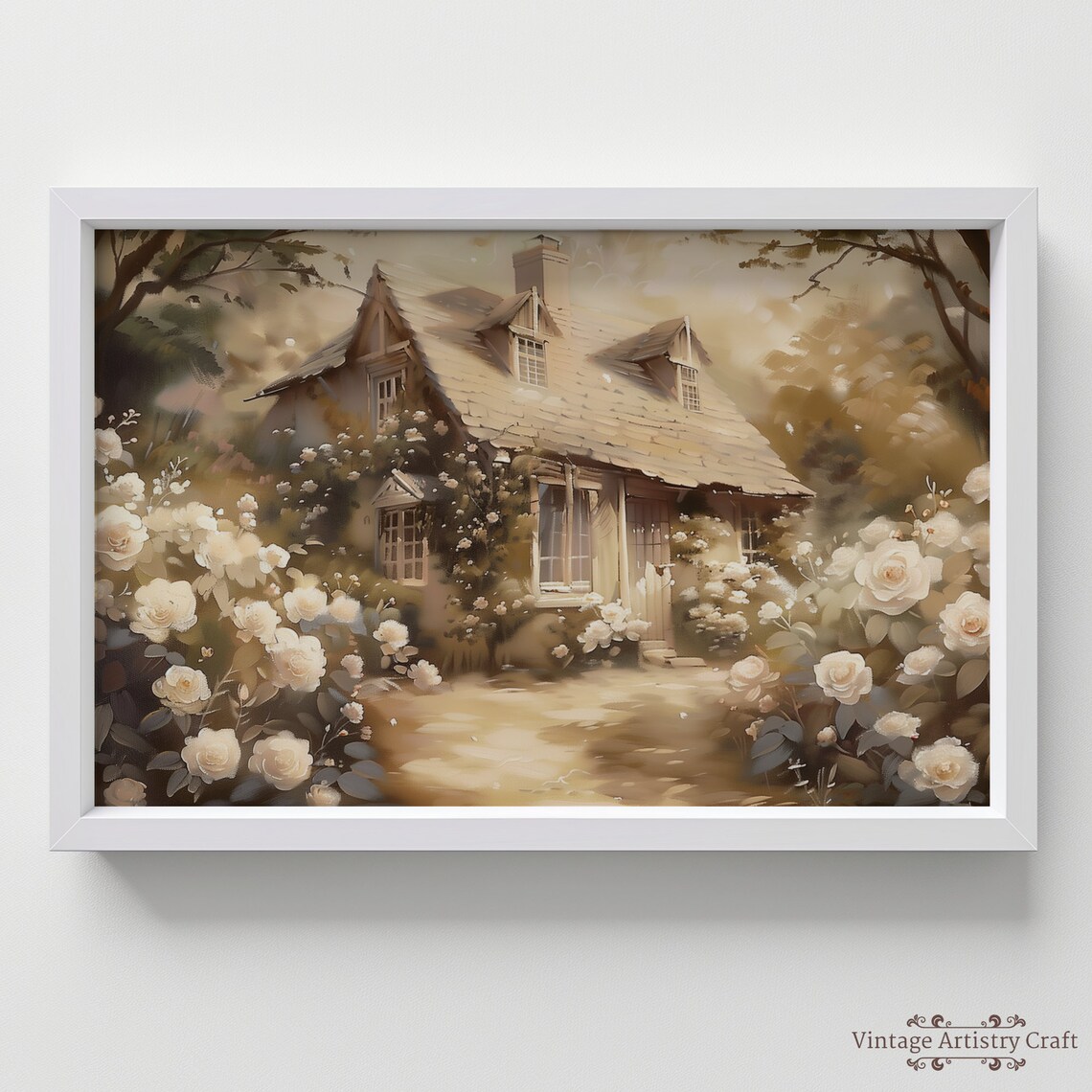 Storybook Cottage Covered in White Roses Vintage Garden Painting Poster - Image 7
