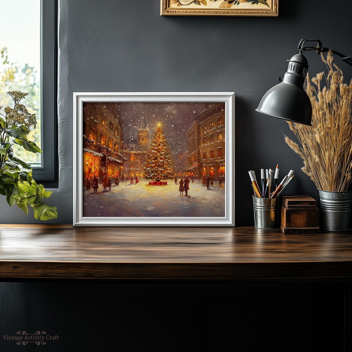 Christmas Tree Warm Street Town Winter Moody Farmhouse Wall Art Decor Vintage Oil Painting Xmas Print Snowing City Rustic Antique - Image 4