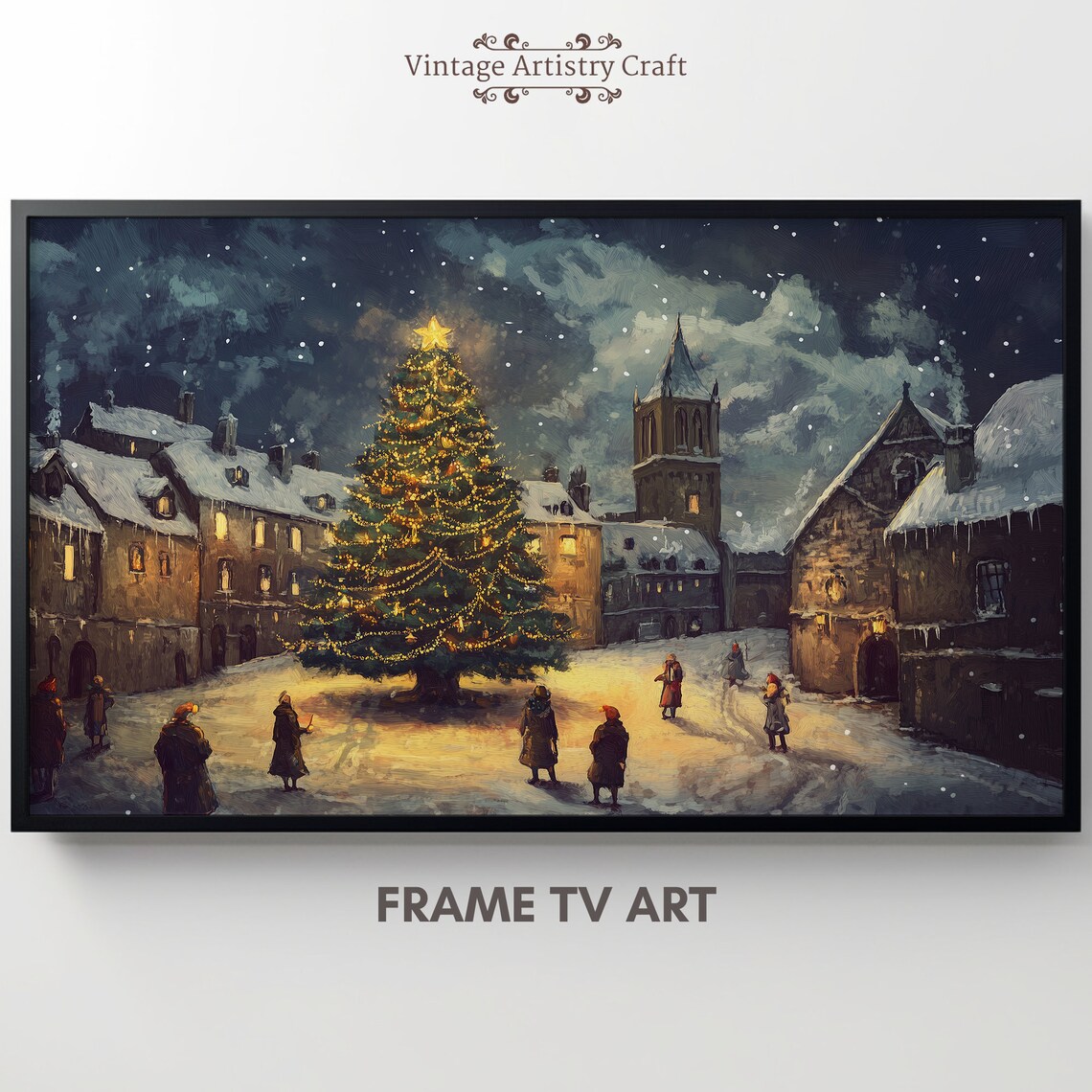 Christmas Tree Star Town Square Snowy Winter Village Night Poster