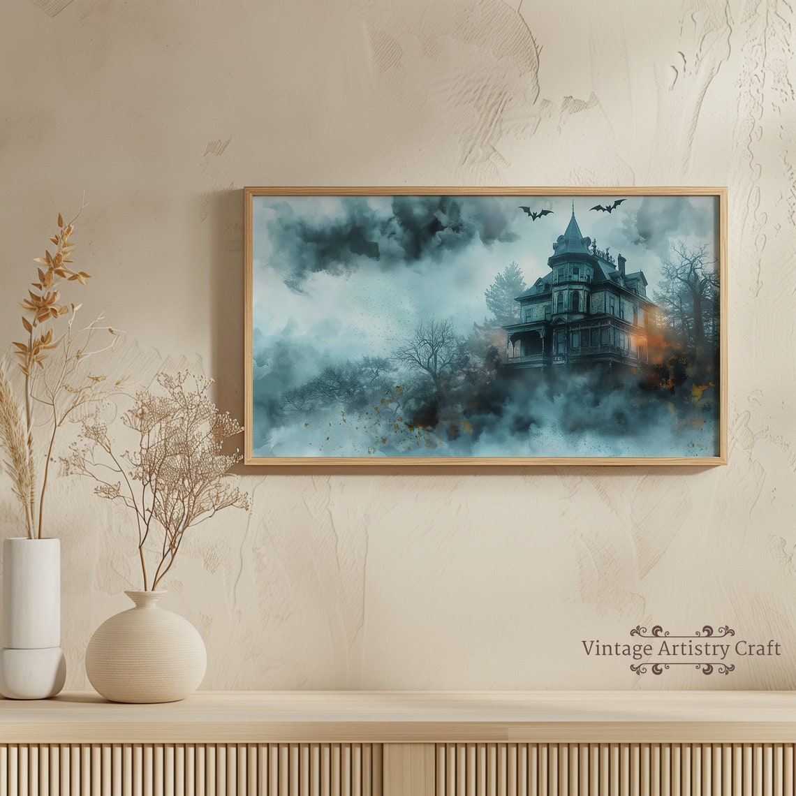 Misty Victorian Haunted Mansion Bats Eerie Gothic Halloween Poster - Image 4
