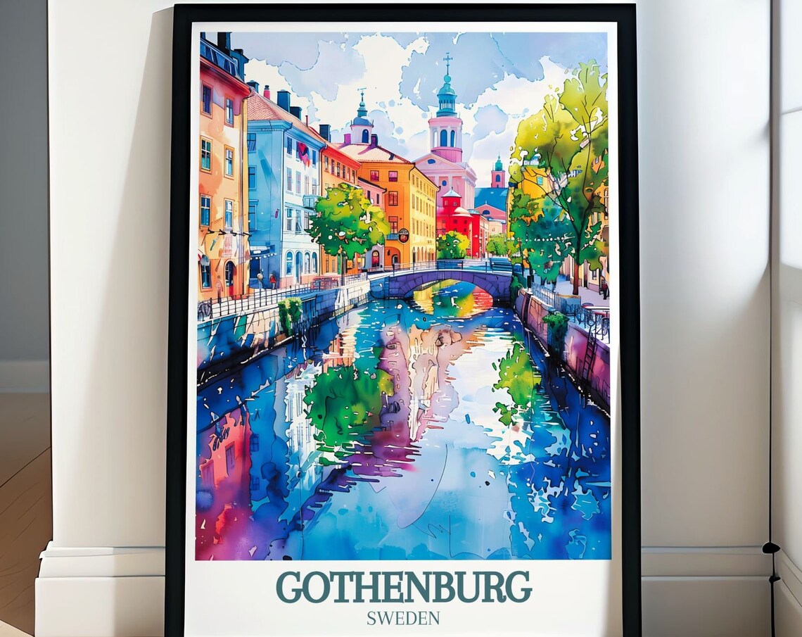 Gothenburg Sweden Watercolor Canal and Old Town Travel Poster
