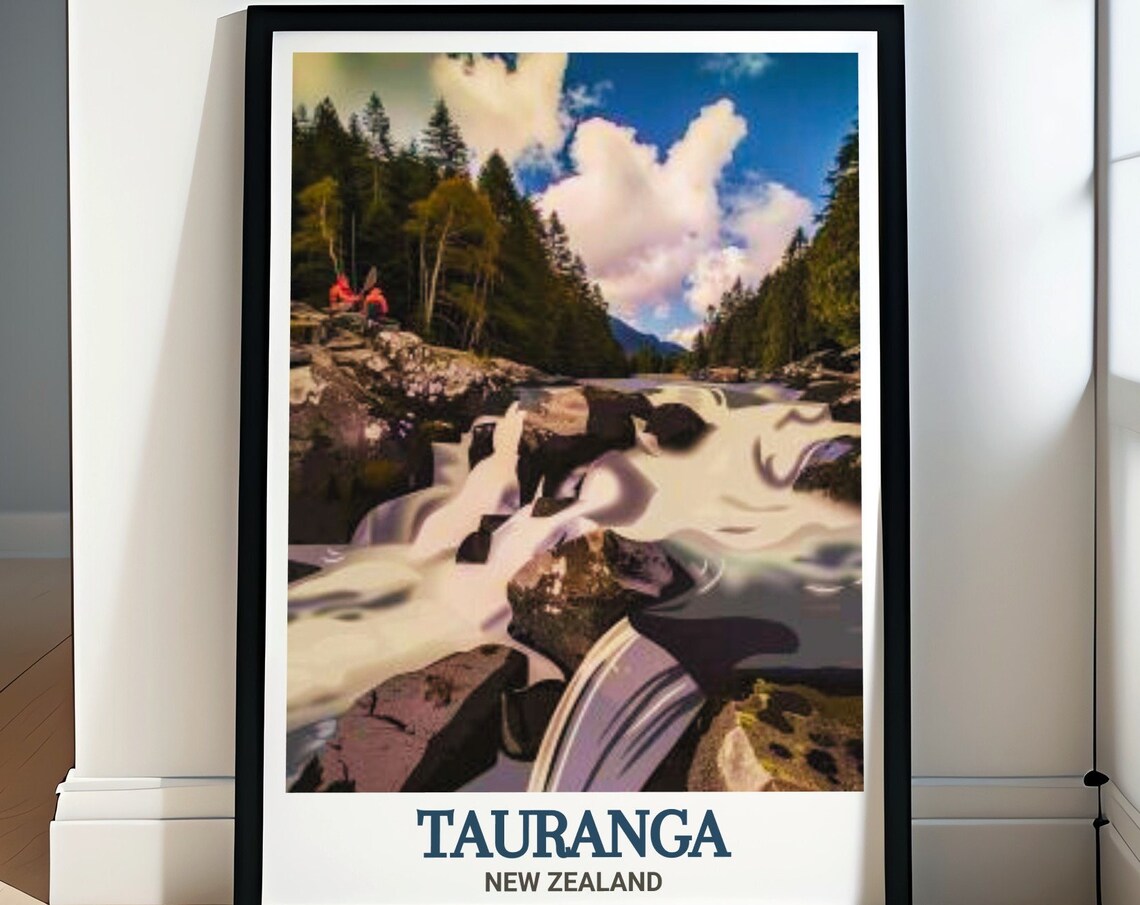 Tauranga New Zealand Forest Waterfall Rushing Rapids Travel Poster