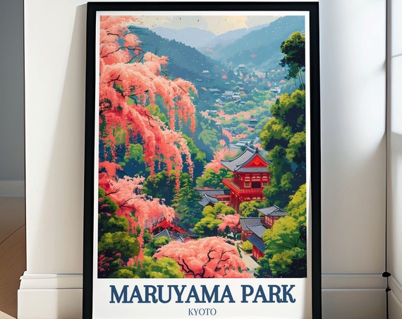 Maruyama Park Travel Poster Yasaka Shrine And Shidare Zakura In Kyoto Wall Art Print Yasaka Shrine And Cherry Blossom Decor