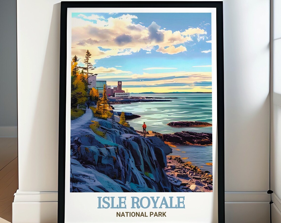 Isle Royale National Park Rocky Coast Sunset Hiker Travel Poster