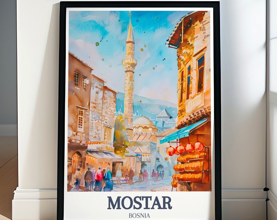 Mostar Old Bazaar Mosque Minaret Street Market Travel Art Poster
