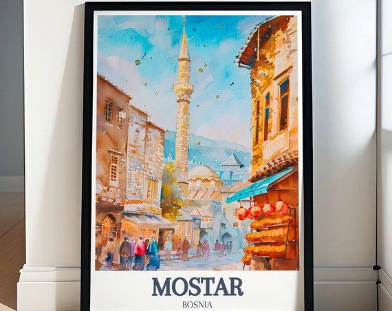 Mostar Travel Poster Mostar Artwork And Travel Gifts Old Bridge And Koski Mehmed Pasha Mosque Home Decor And Prints