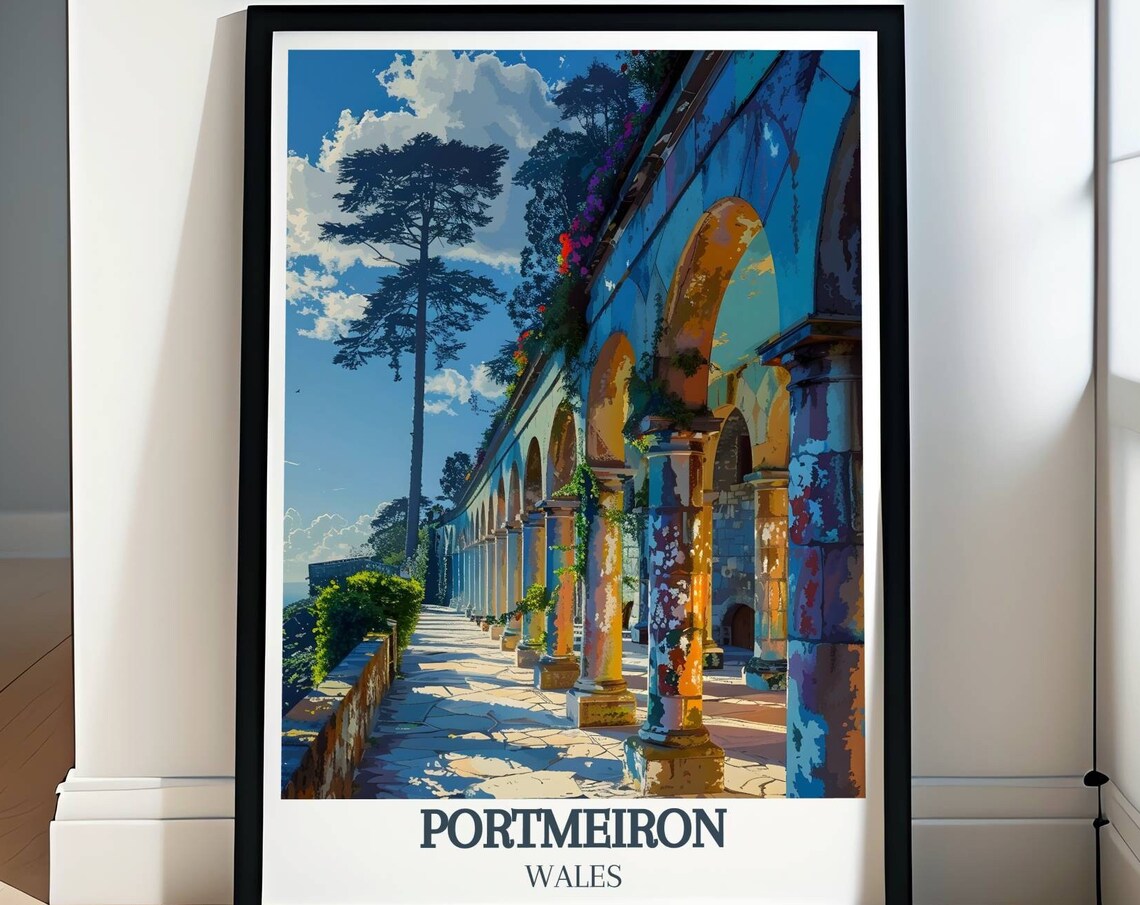 Portmeirion Flower Terrace Stone Colonnade Under Blue Sky Poster